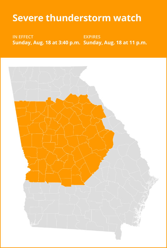 A severe weather warning is in effect for 3 counties in Georgia until Sunday night