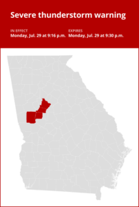 Update: Thunderstorms with quarter-sized hail and damaging winds in Meriwether County Monday