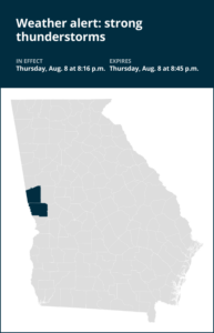 Weather alert for strong thunderstorms in Troup and Harris counties Thursday evening