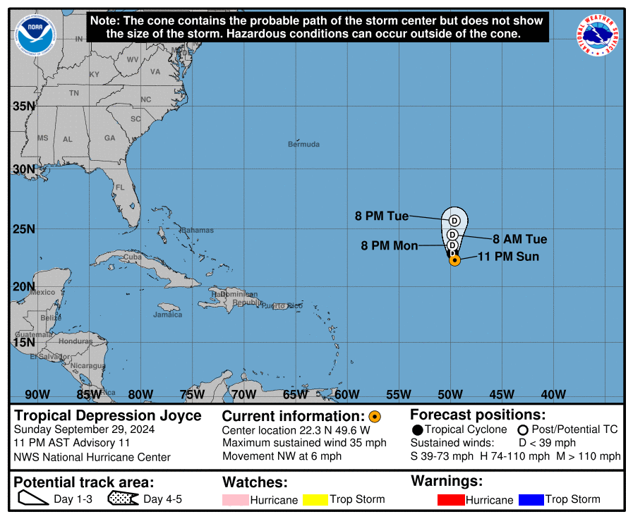 Latest update from the National Hurricane Center on Tropical Depression Joyce for Sunday, Sep 29