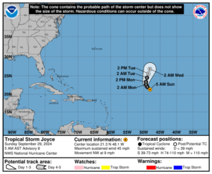 Latest update from the National Hurricane Center on Tropical Storm Joyce for Sunday, Sep 29