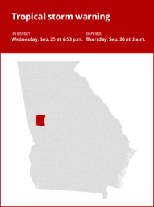 Meriwether County under a tropical storm warning until 3 a.m. Thursday