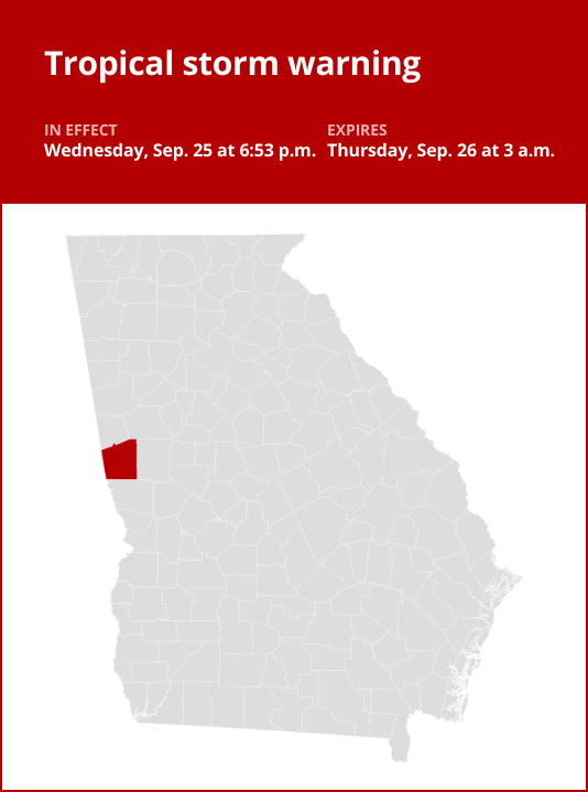 Tropical storm warning issued for Troup County until 3 a.m. Thursday