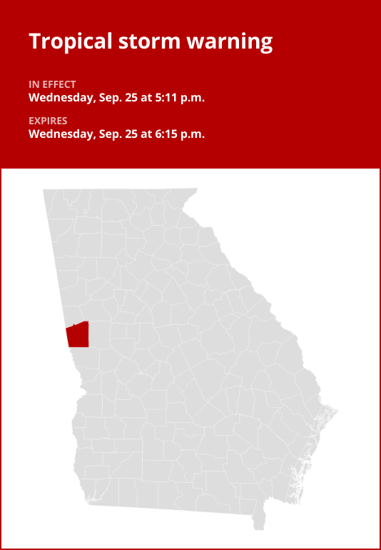 Tropical storm warning issued for Troup County Wednesday evening