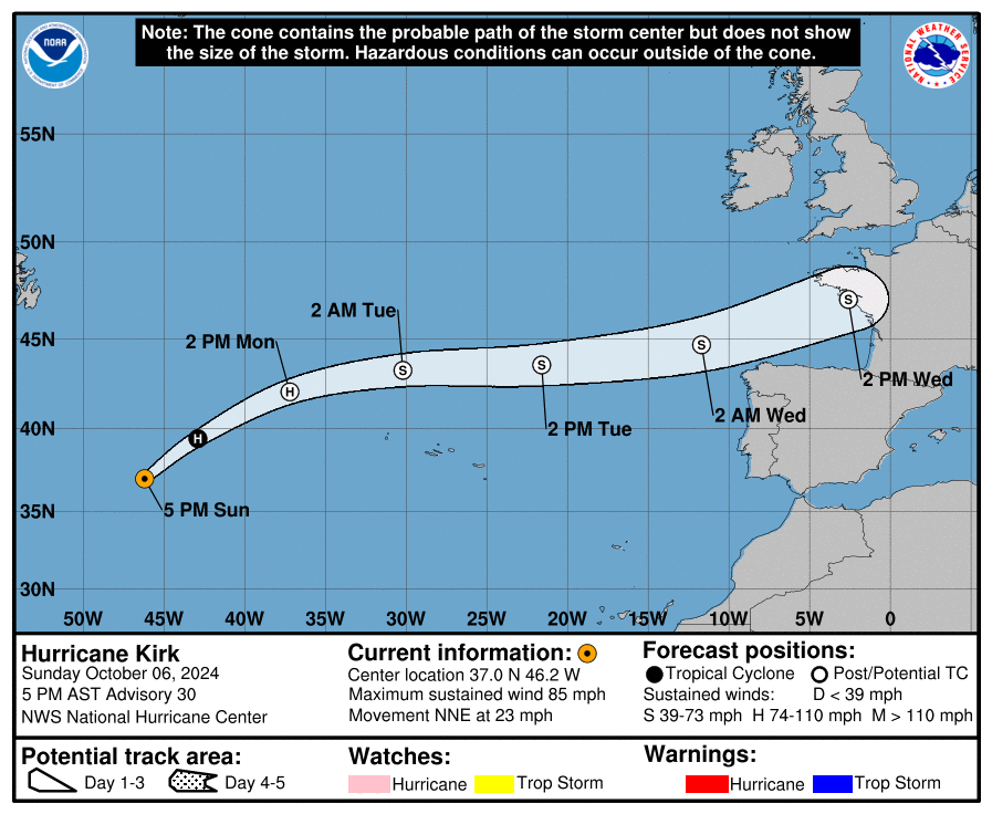 Category 1 Hurricane Kirk: Sunday, Oct 6 progress report from the National Hurricane Center