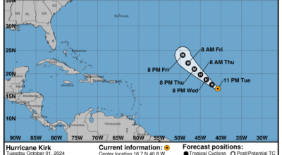 Category 1 Hurricane Kirk: Tuesday, Oct 1 development update from the National Hurricane Center