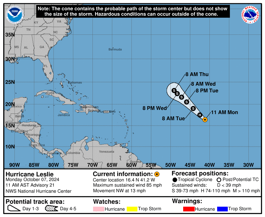 Category 1 Hurricane Leslie: Monday, Oct 7 status update from the NHC