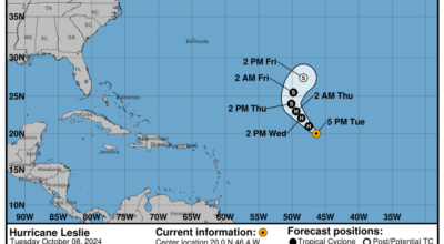 Category 1 Hurricane Leslie: Tuesday, Oct 8 progress report from the National Hurricane Center