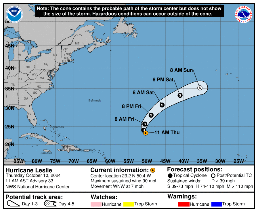 Latest update from the National Hurricane Center on Tropical Storm Leslie for Thursday, Oct 10