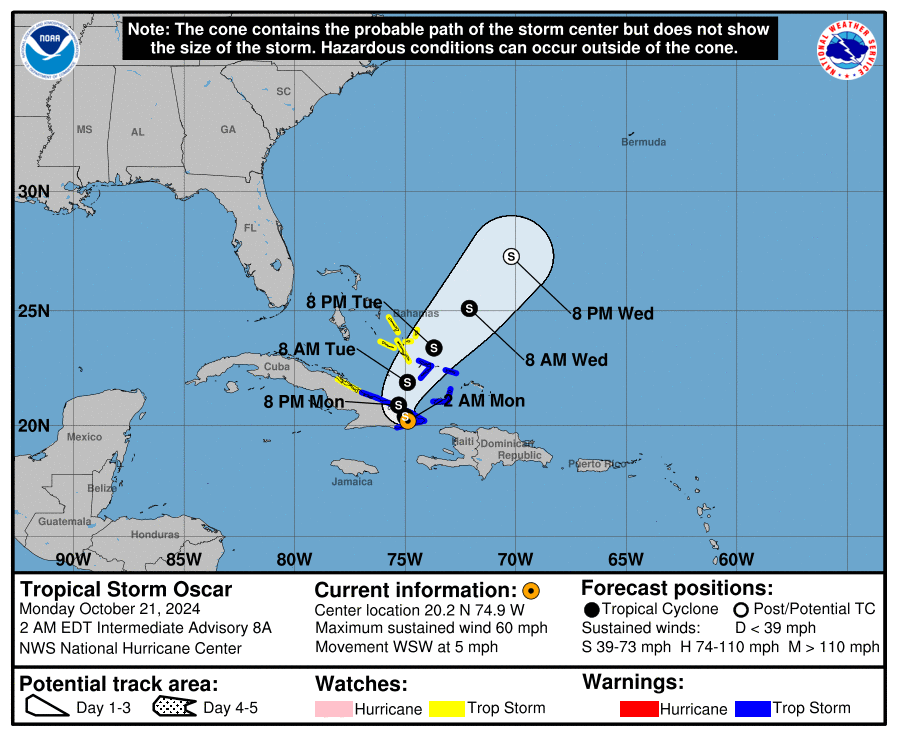 Monday, Oct 21 update from the National Hurricane Center: Latest on Tropical Storm Oscar