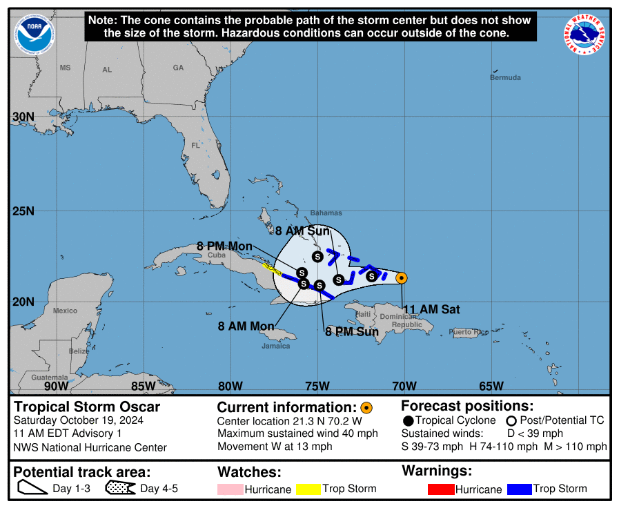 Update Saturday, October 19: Latest Tropical Storm Oscar news from the National Hurricane Center