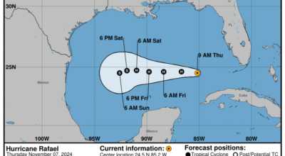 Latest update from the National Hurricane Center on Category 2 Hurricane Rafael for Thursday, Nov 7