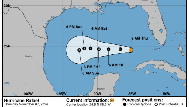 Latest update from the National Hurricane Center on Category 2 Hurricane Rafael for Thursday, Nov 7