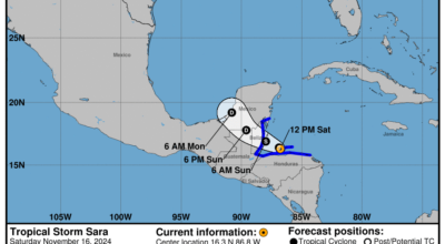 Latest update from the National Hurricane Center on Tropical Storm Sara for Saturday, Nov 16