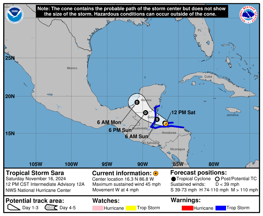 Latest update from the National Hurricane Center on Tropical Storm Sara for Saturday, Nov 16