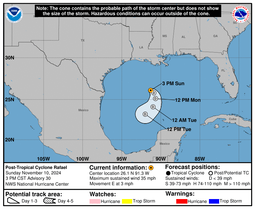 Sunday, Nov 10 update: Latest on Post Tropical Cyclone Rafael from the NHC