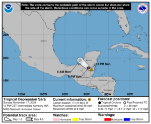 Sunday, Nov 17: Latest insights on Tropical Depression Sara from the NHC