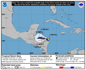 Tropical Storm Sara: Thursday, Nov 14 status update from the National Hurricane Center