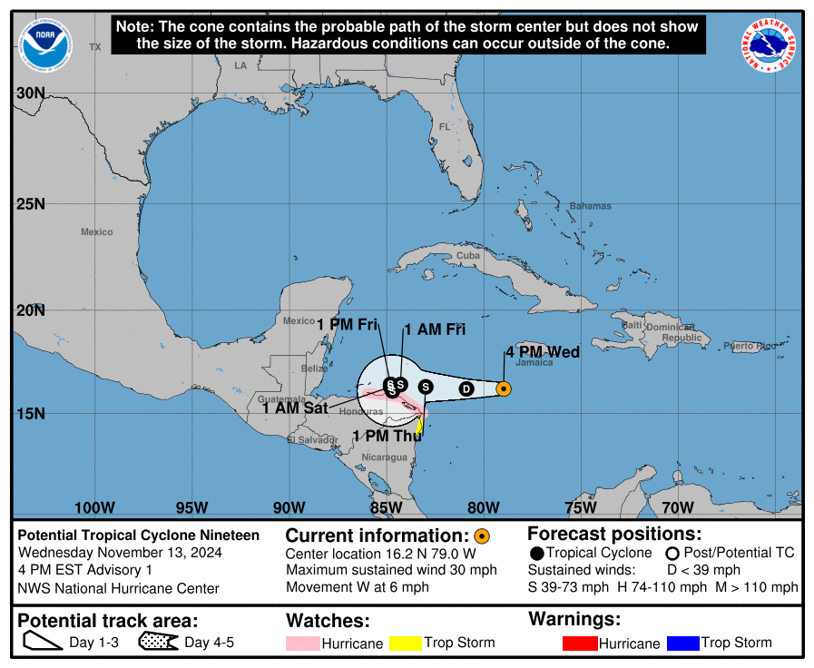 Wednesday, Nov 13 update from the NHC: Latest on the Potential Tropical Cyclone