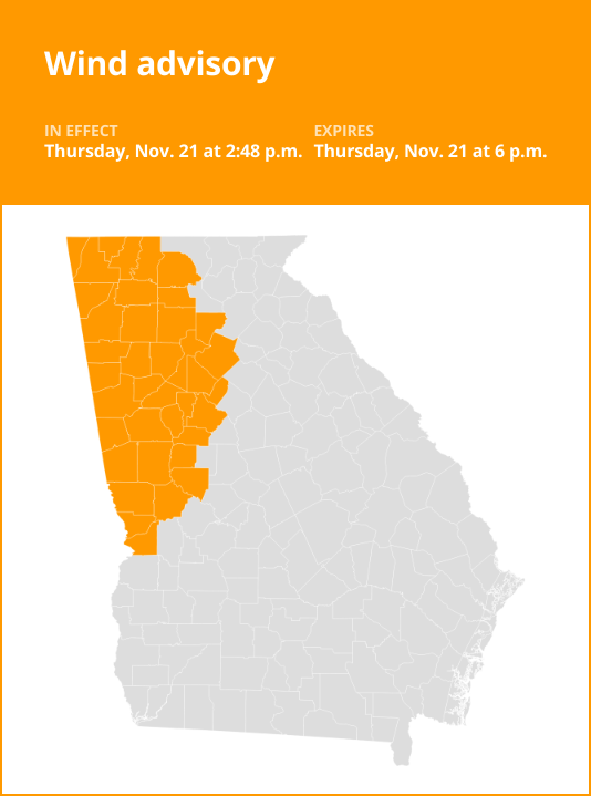 Wind advisory issued for West Georgia until Thursday evening