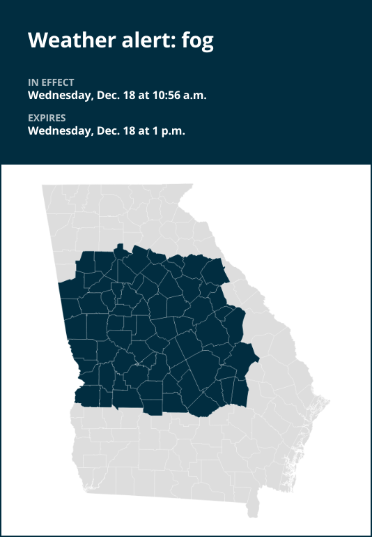 Look for fog in West Georgia Wednesday afternoon