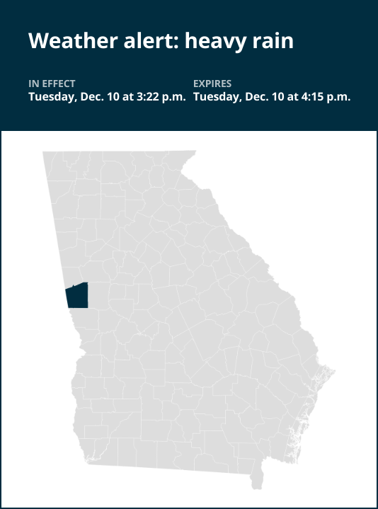 Weather alert for heavy rain and flooding in Troup County early Tuesday evening