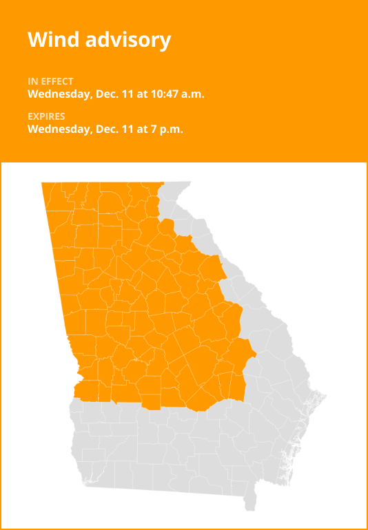 Wind advisory affecting West Georgia until Wednesday evening