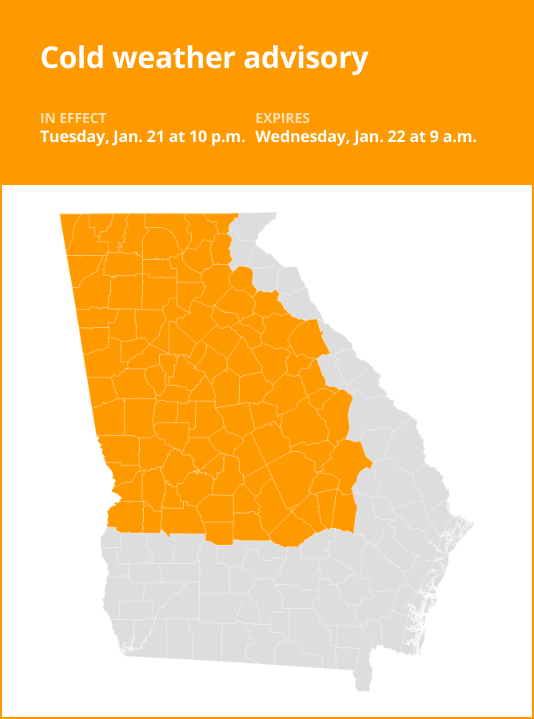 Update: Cold weather advisory for West Georgia until Wednesday morning