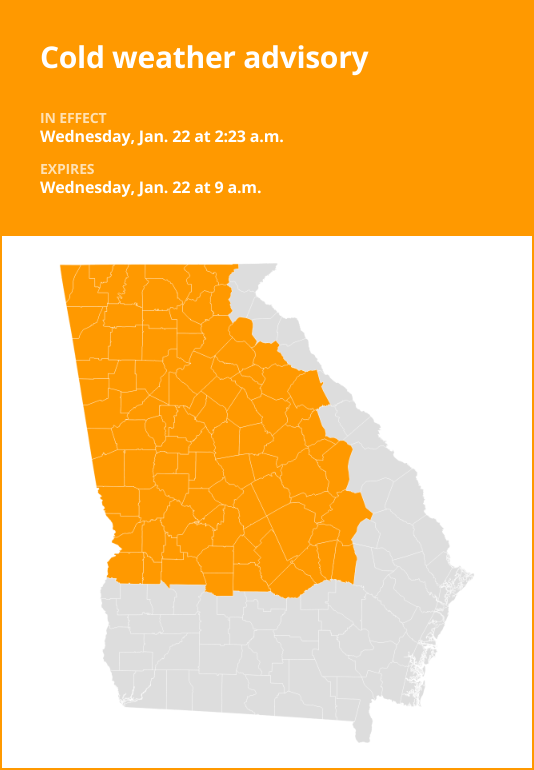 West Georgia under a cold weather advisory until Wednesday morning