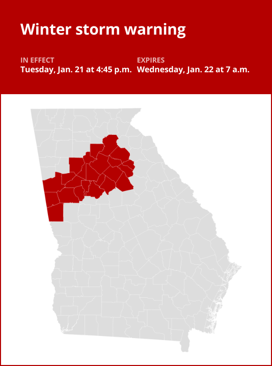 West Georgia under a winter storm warning until Wednesday morning