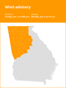 Wind advisory issued for West Georgia until Monday morning