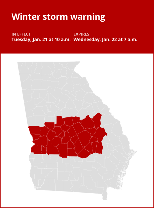 Winter storm warning affecting West Georgia Tuesday and Wednesday