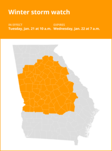 Winter storm watch for West Georgia for Tuesday and Wednesday – up to 3 inches of snow