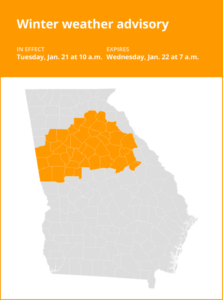 Winter weather advisory issued for West Georgia for Tuesday and Wednesday